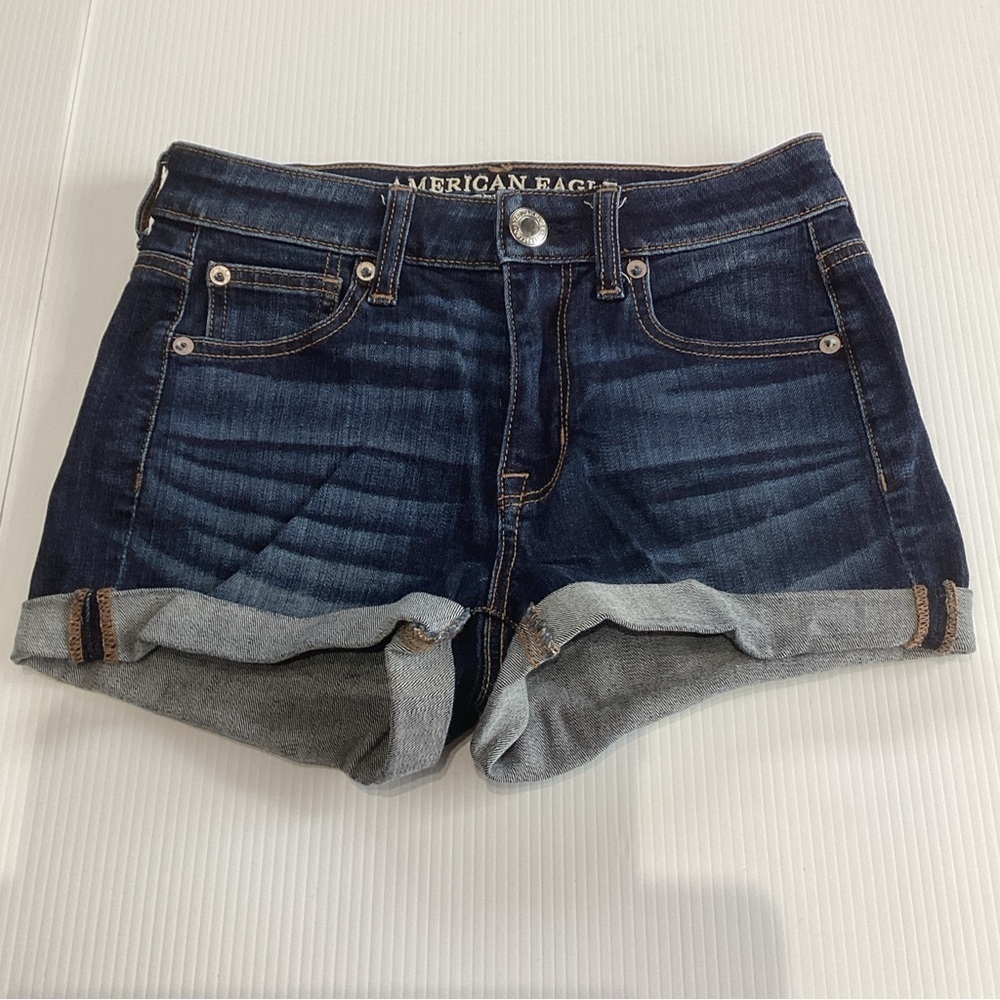 American Eagle Hi-Rise Shortie Jean Shorts Blue Size 0 super stretch